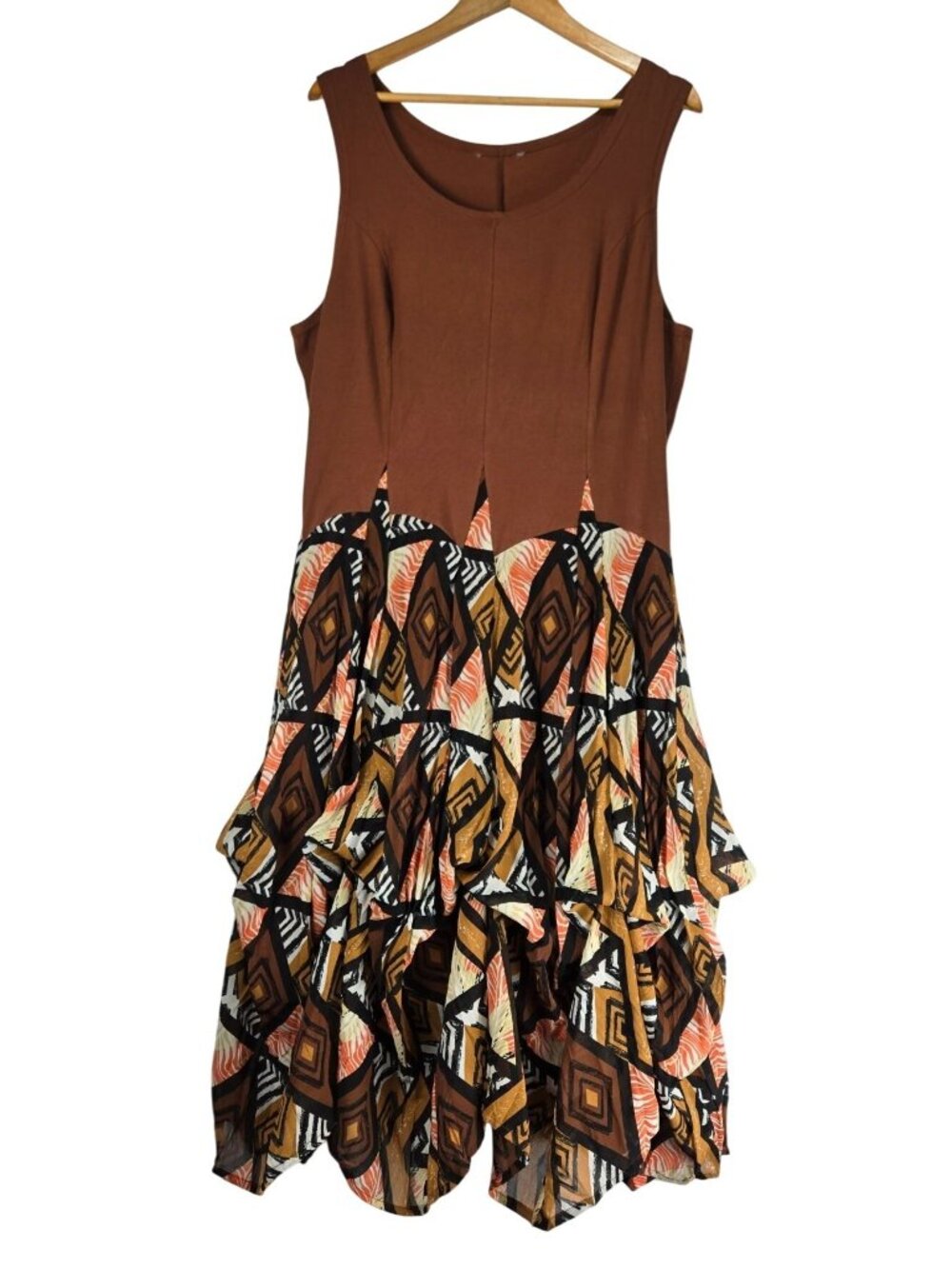 Ruched Dress Brown Tribal XL Sleeveless Flexible Skirt Style Midi Boho Ethnic